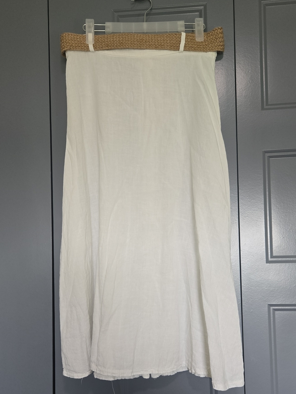 Button-Front White Midi Skirt with Woven Belt - Picture 2 of 3